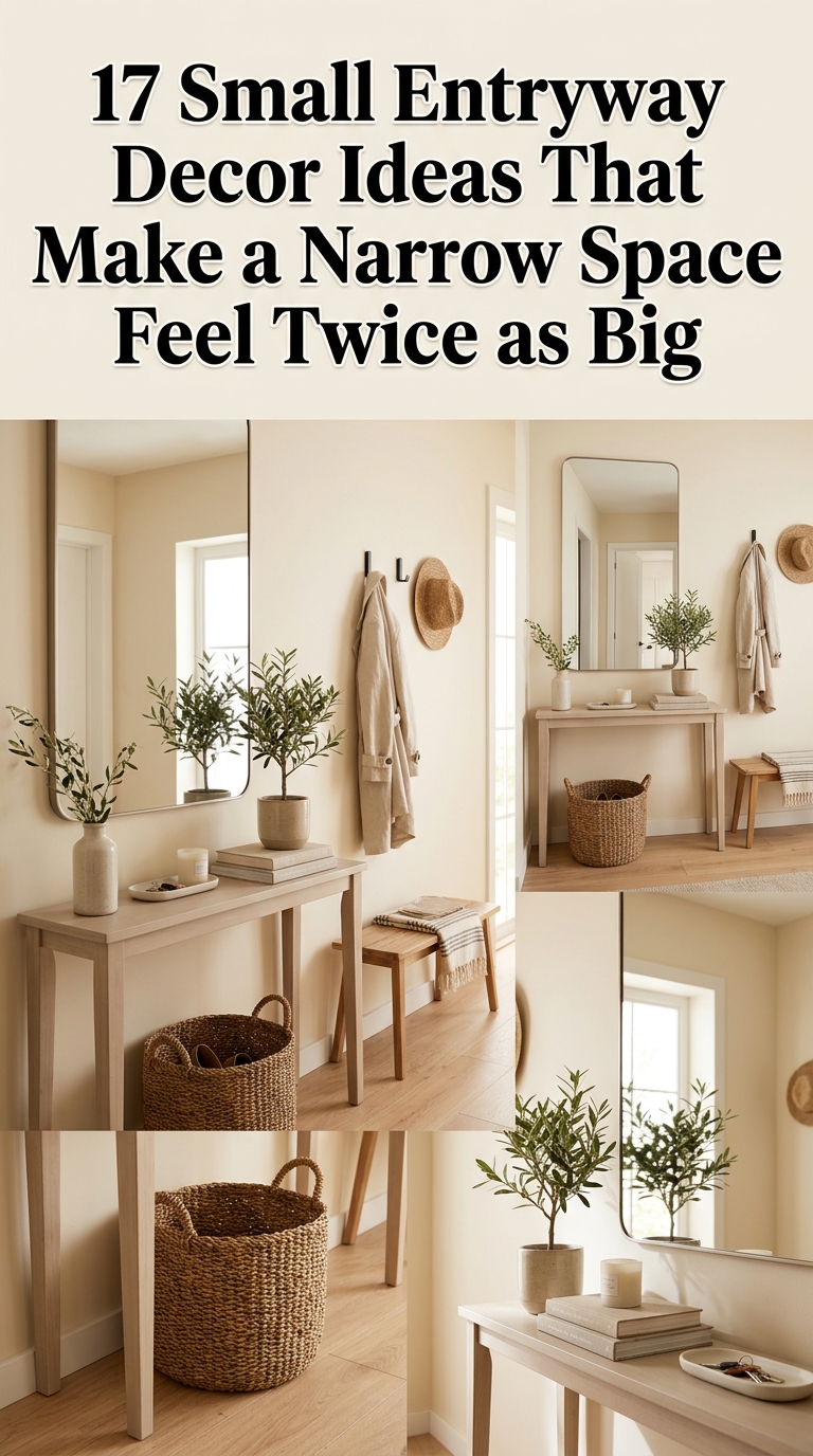 Narrow entryway decor ideas featuring slim consoles, mirrors, benches, plants, and smart storage