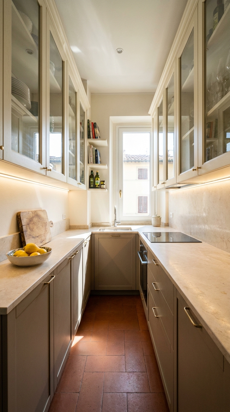 Narrow Italian-style galley kitchen with light upper cabinets, matte taupe lower cabinets, glass storage, and warm lighting.