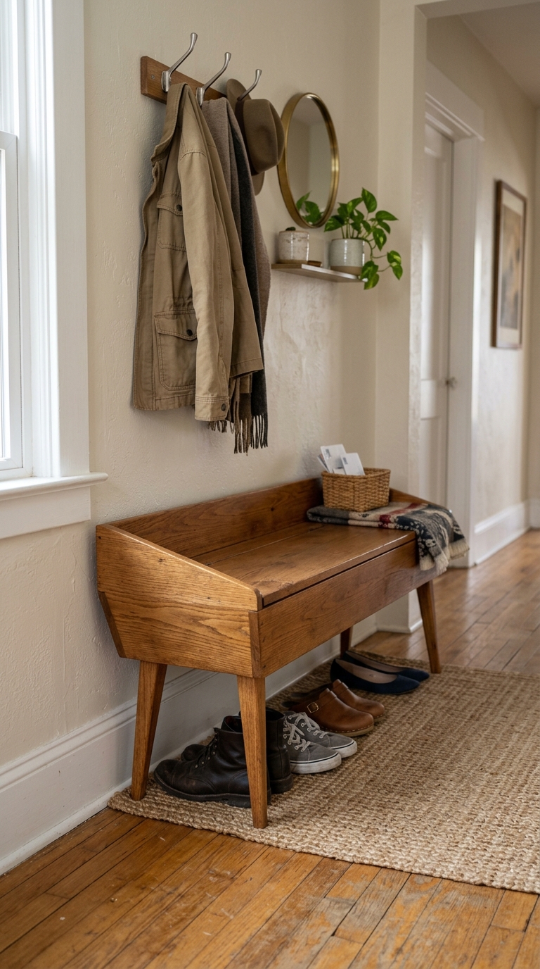 Narrow storage bench with visible legs in a small entryway