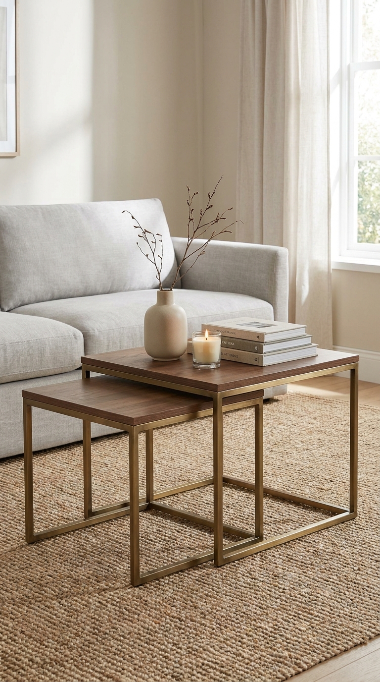 Nesting coffee tables with decor on the larger table and the smaller table left clear.
