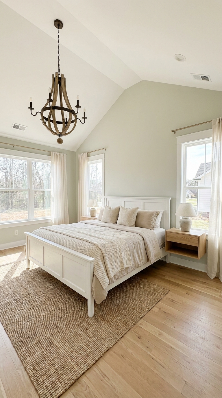 French country bedroom styled in a modern new-build home