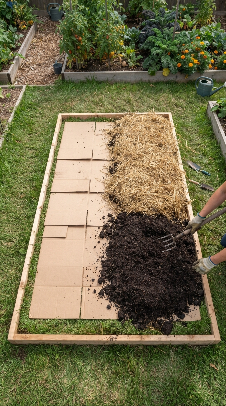 No-dig lasagna garden bed with layered cardboard, compost, and straw