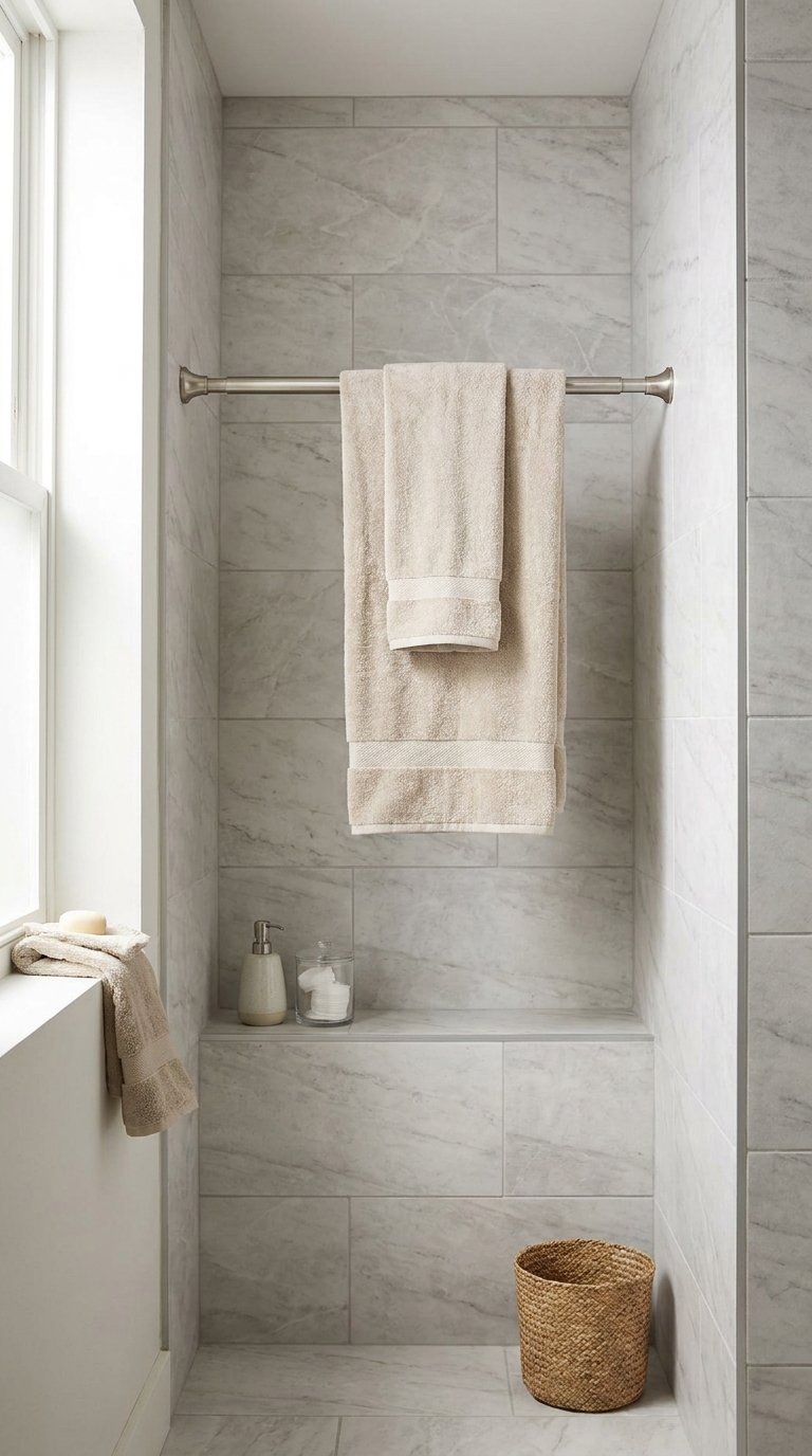 Renter-friendly tension rod towel rack installed between two bathroom walls
