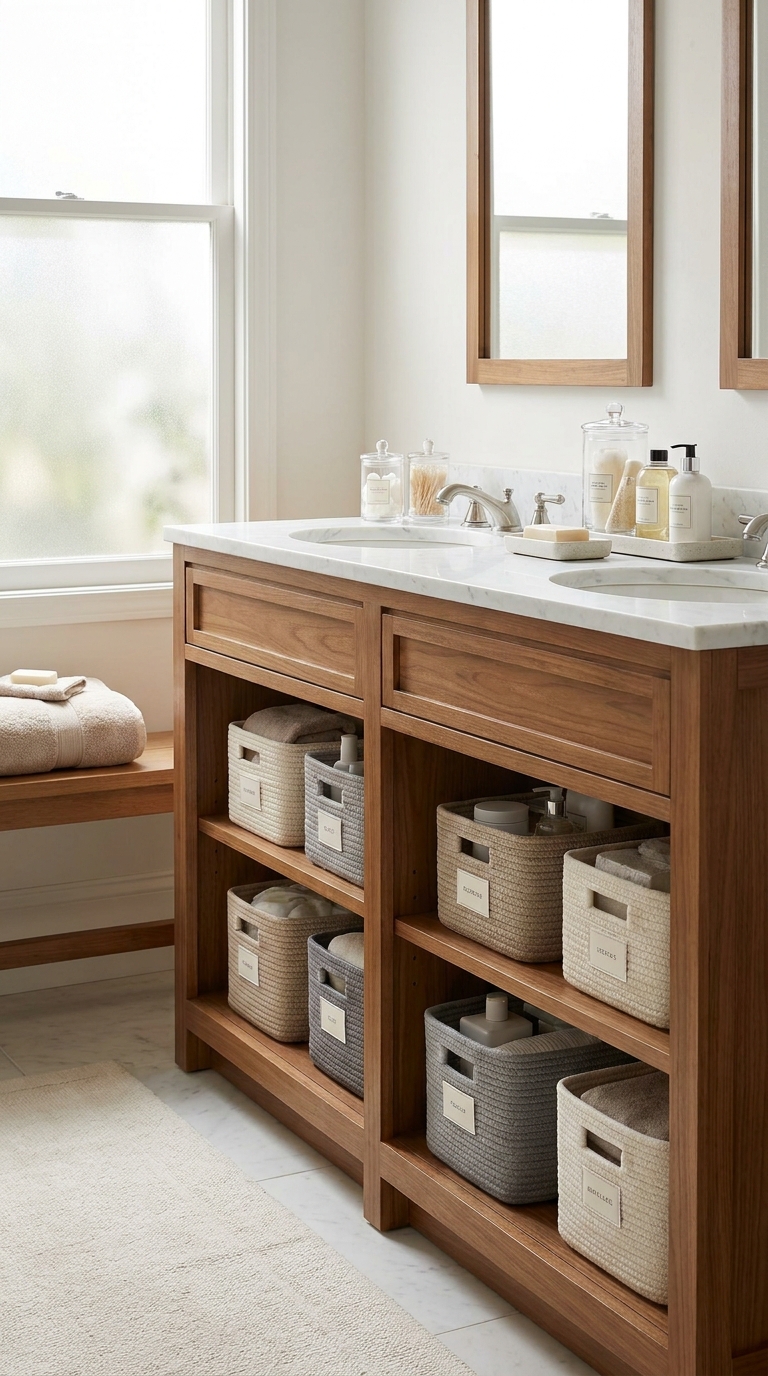 No-drill tension shelf adding storage inside bathroom cabinet