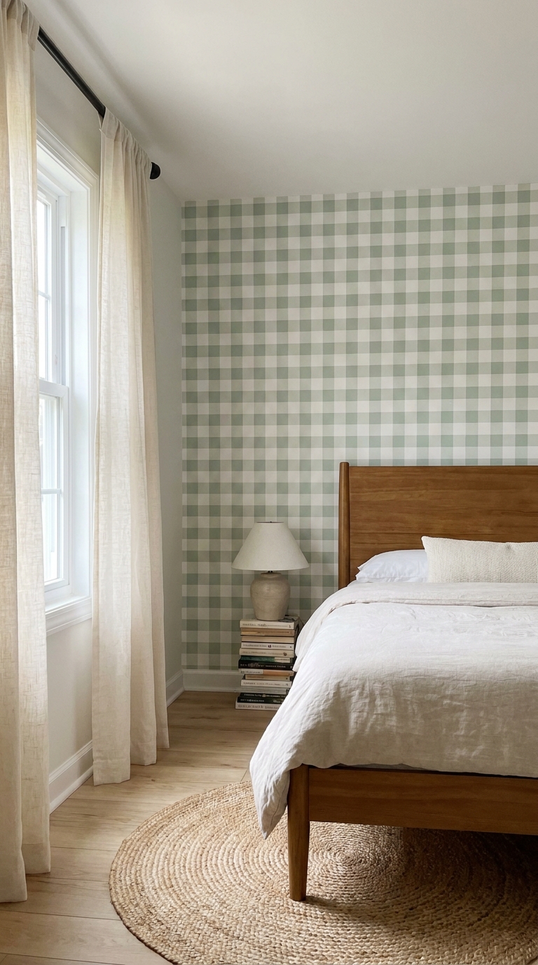 Bedroom corner with green gingham removable wallpaper and linen curtains on a tension rod