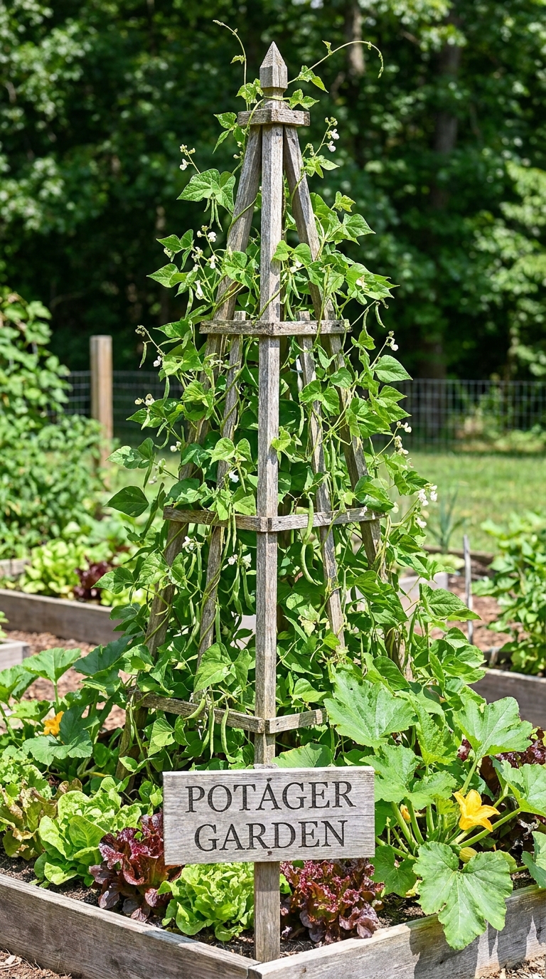 Obelisk trellis with climbing beans in a potager garden bed