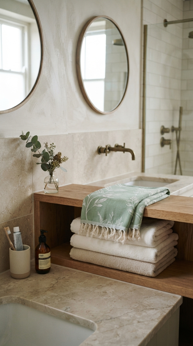 Seasonal towel colors styled in a fresh spa-inspired bathroom