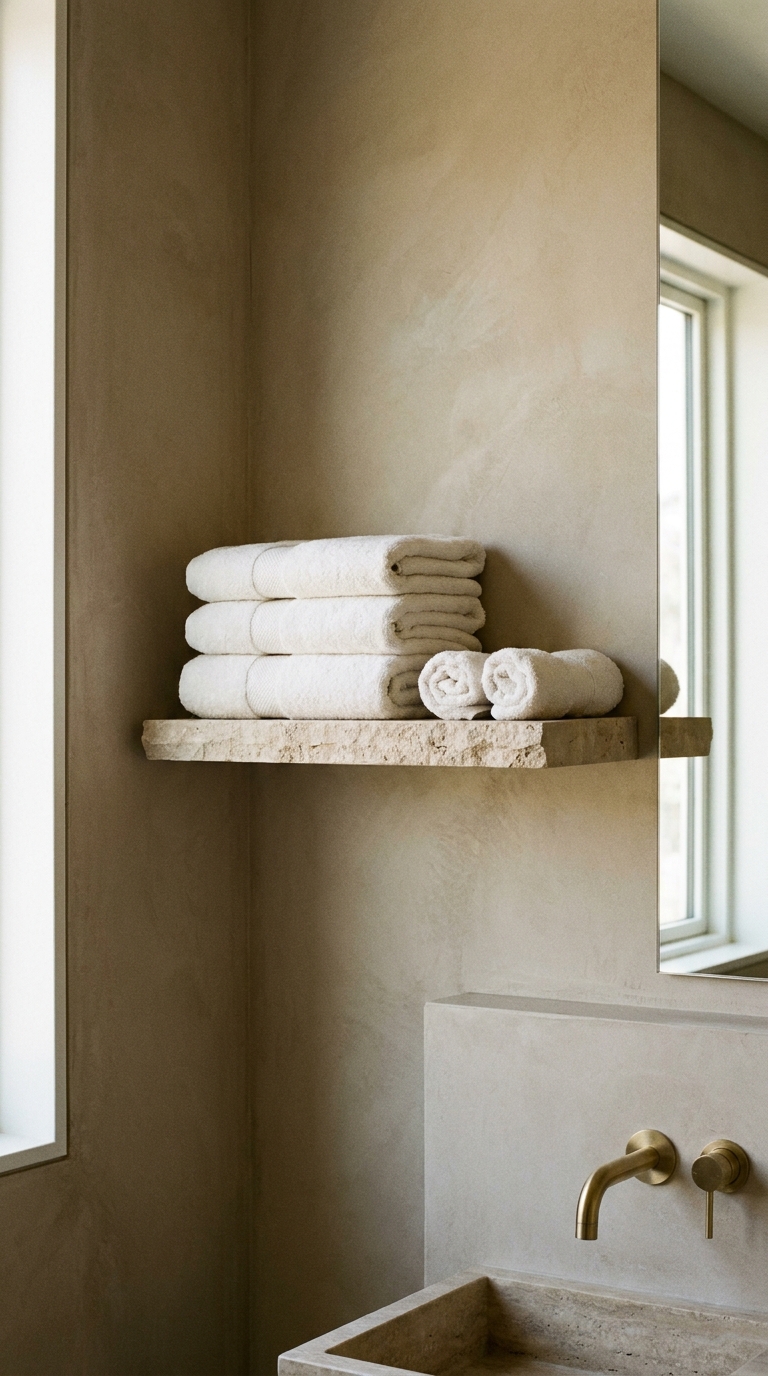 Minimal floating bathroom shelf with neatly folded and rolled towels