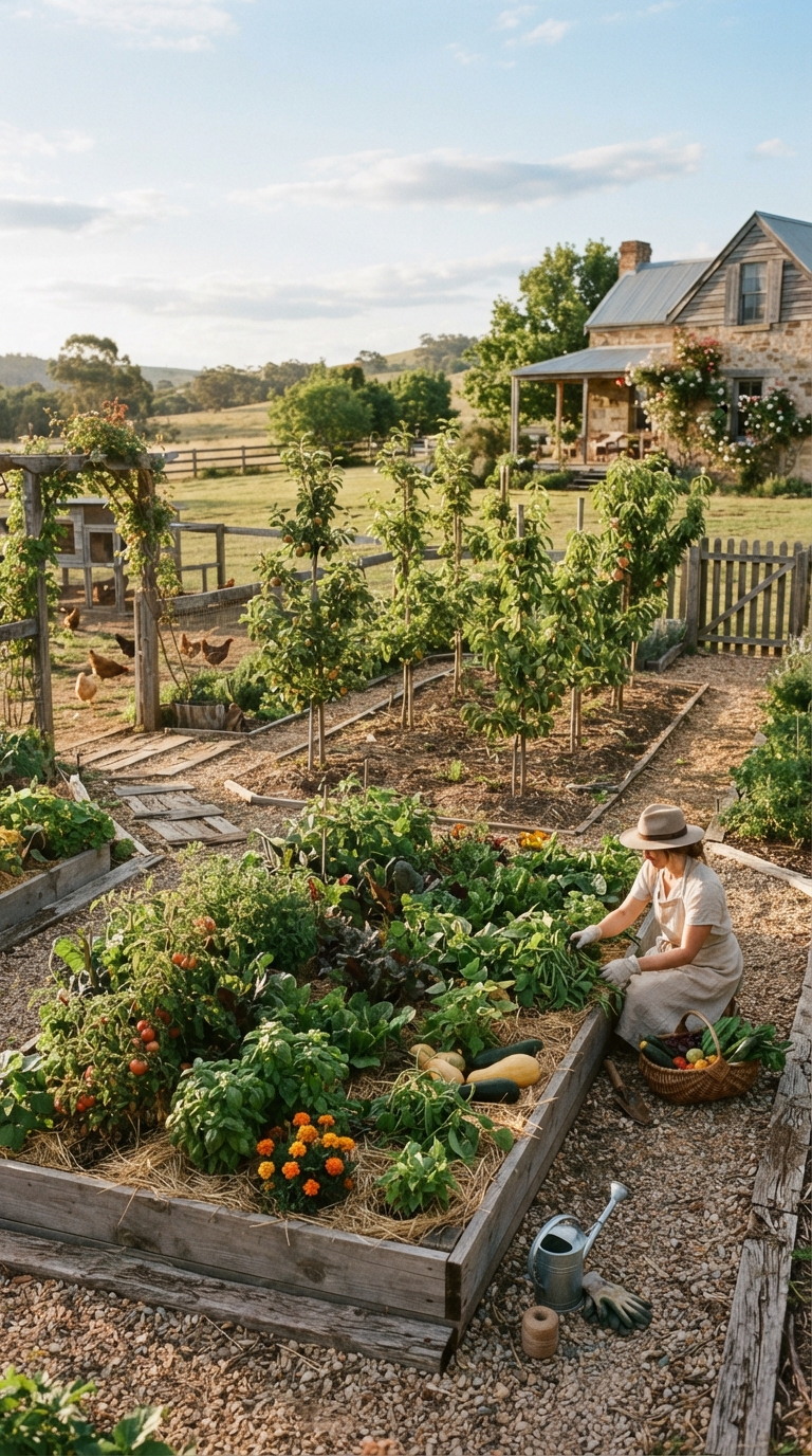 Kitchen garden beds positioned beside young fruit trees in a backyard