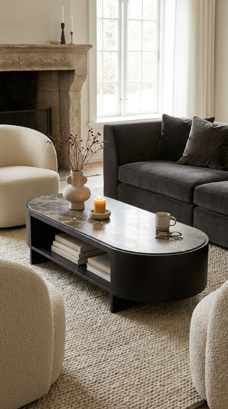 Oval coffee table with an asymmetric grouping of vase, books, and candle.