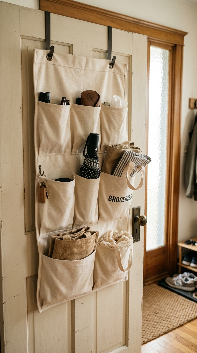 Over-the-door organizer for storage in a tiny entryway with no wall space