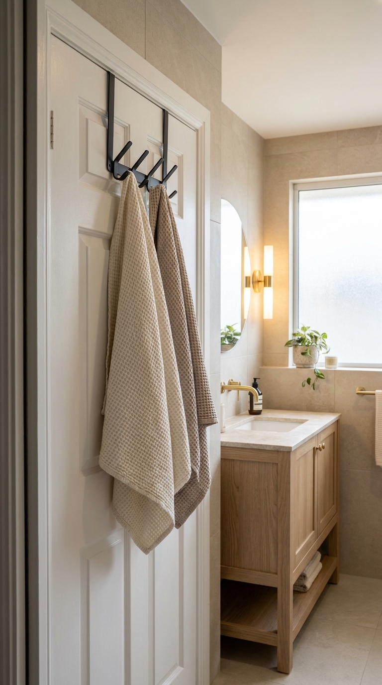Over-the-door hooks providing towel storage in a compact bathroom