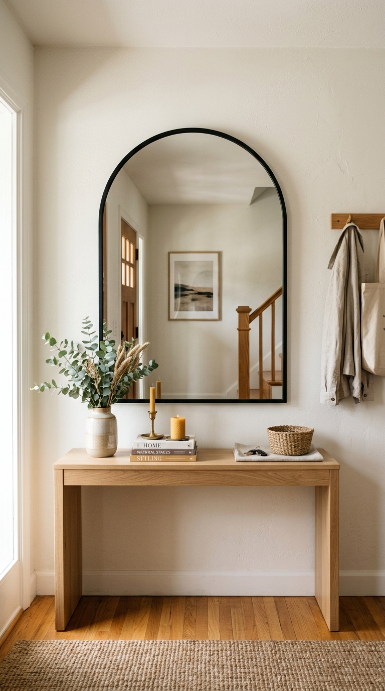 Oversized black arched mirror above an oak console as entryway wall decor