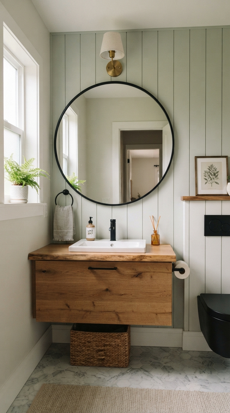 Oversized round mirror in a half bathroom
