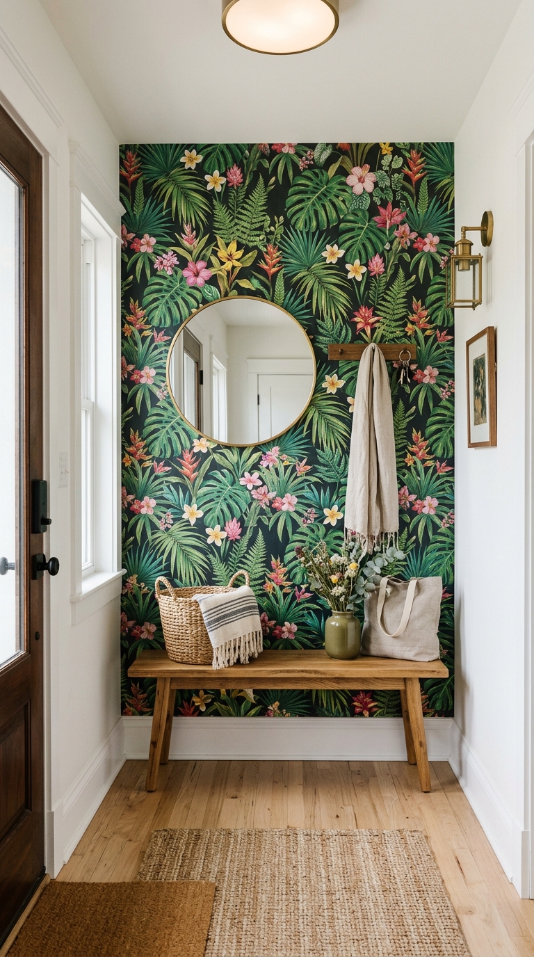Botanical peel-and-stick wallpaper accent wall in a small entryway