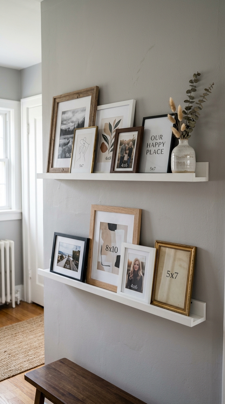Two picture ledges with leaning art frames on an entryway wall