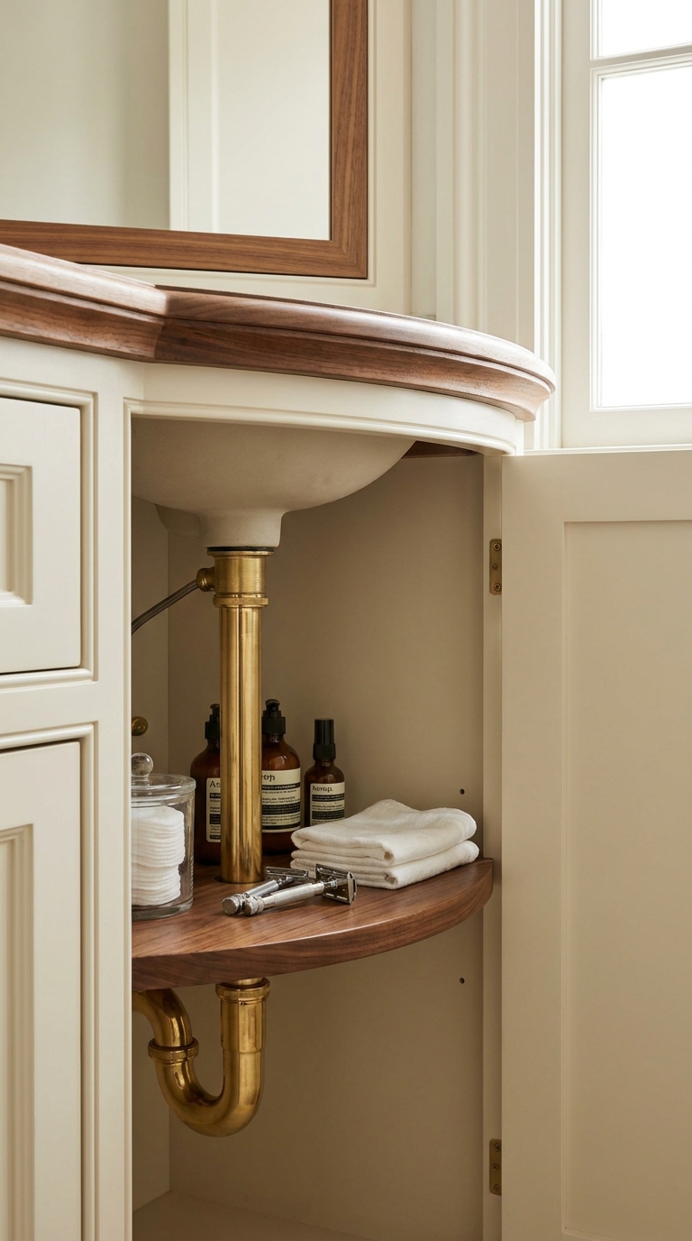 Corner shelf fitted around bathroom sink plumbing for extra storage