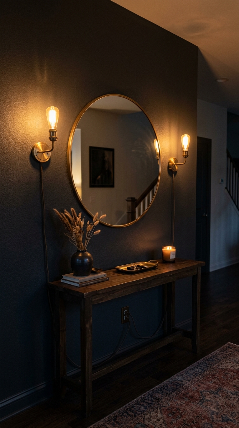 Brass plug-in sconces flanking a mirror on a dark entryway wall