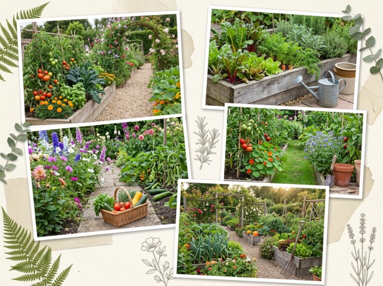 Beautiful potager garden ideas with productive vegetable beds, herbs, flowers, and cottage-style garden designs