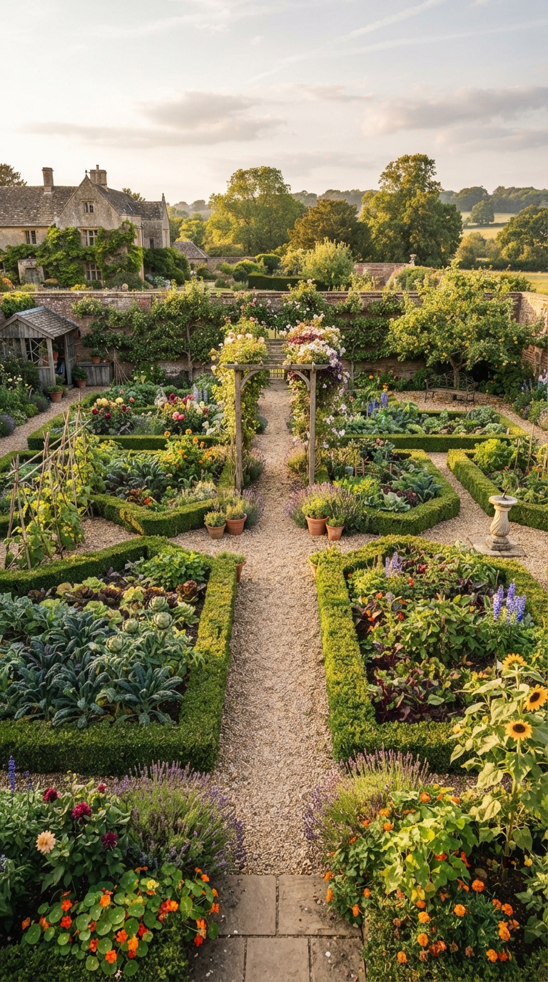 Potager-style kitchen garden with symmetrical beds mixing vegetables and flowers