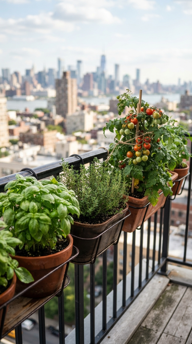 Balcony railing planters filled with basil, thyme and cherry tomato plants