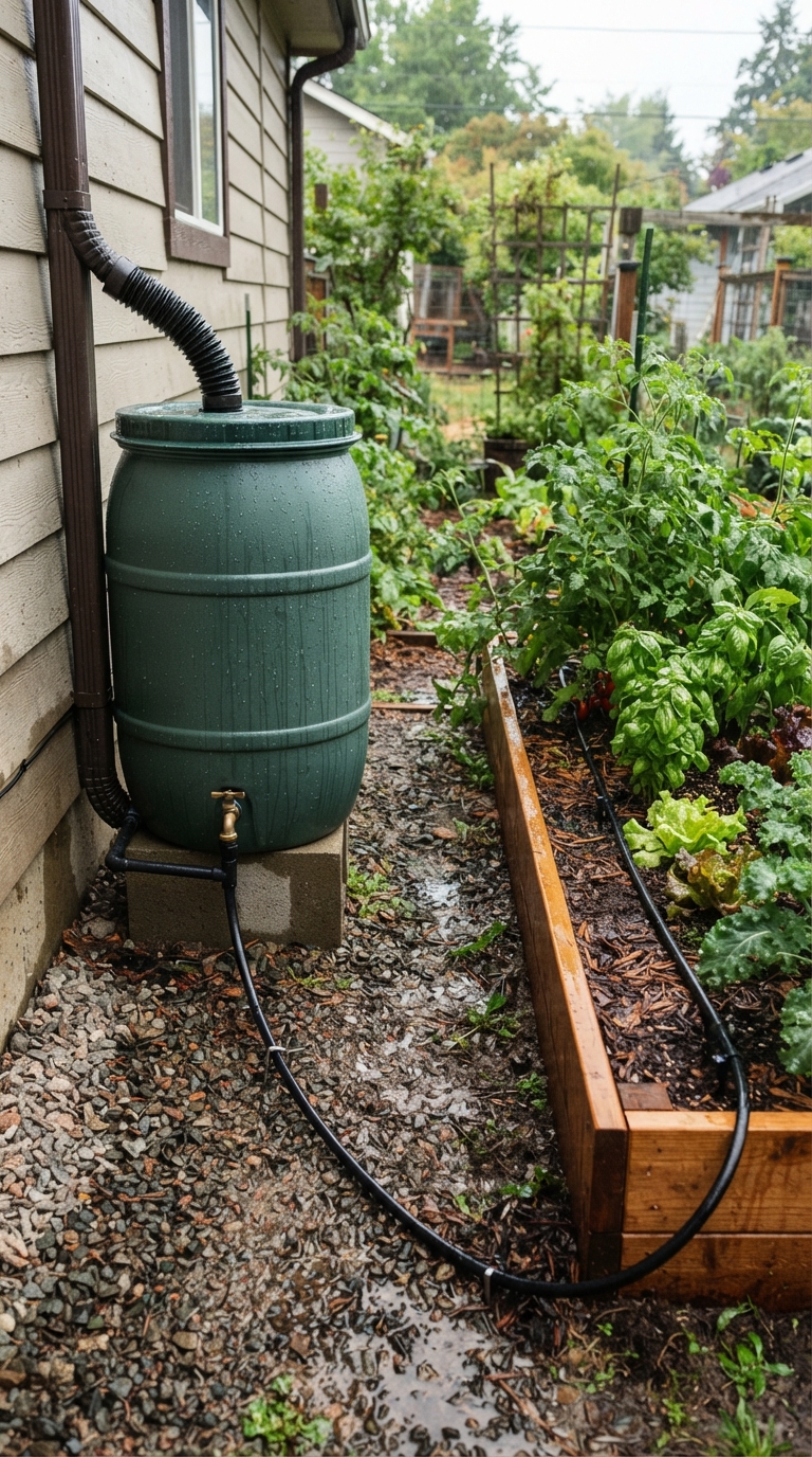 Rain barrel connected to a downspout feeding drip irrigation tubing into a garden bed