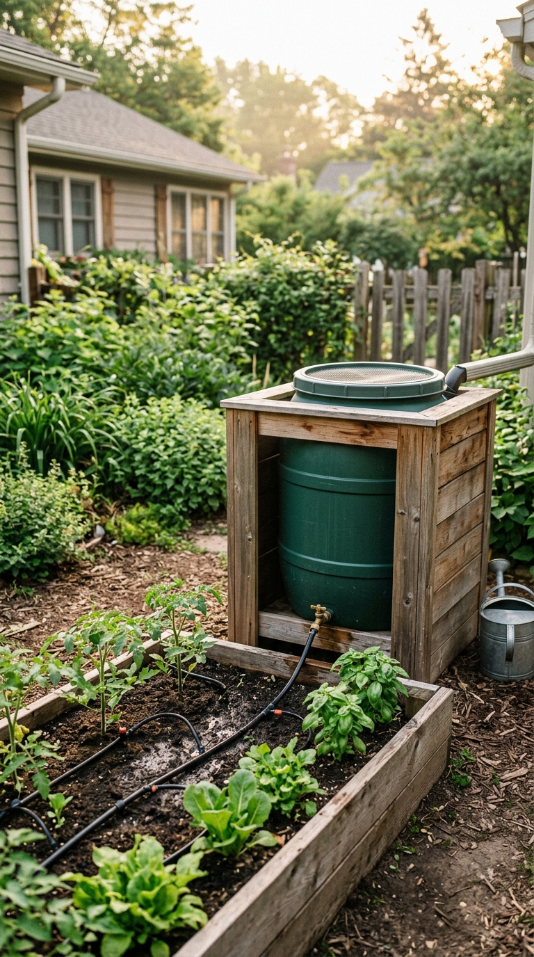 Rain barrel and drip irrigation station set up beside a vegetable garden bed