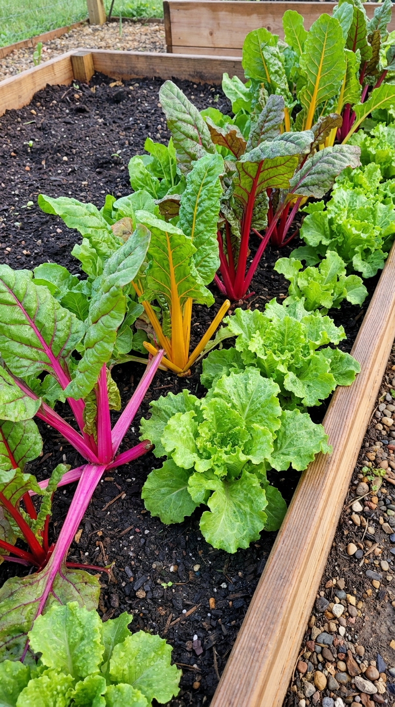 Rainbow chard and lettuce planted as a colorful garden border