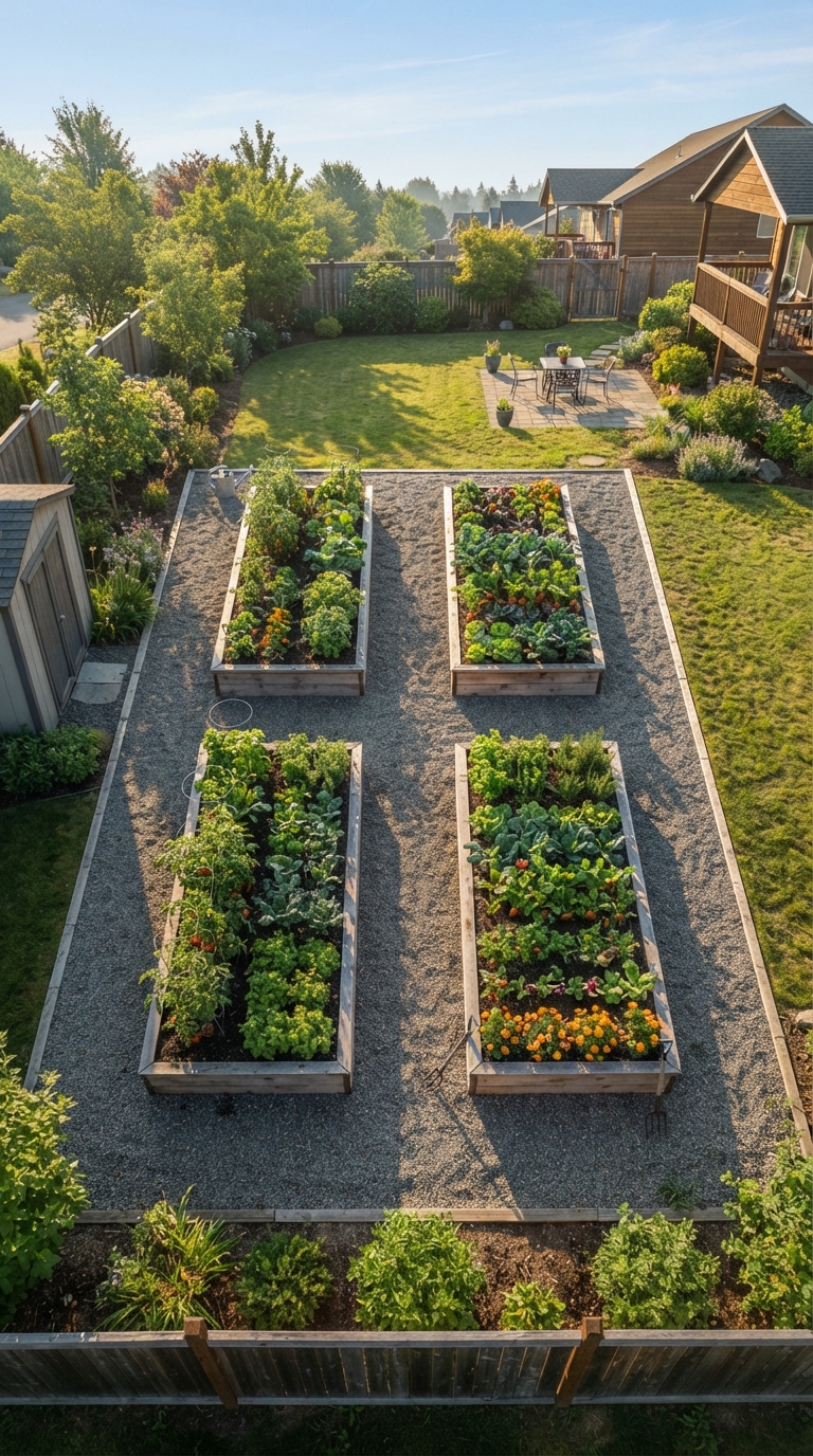 Backyard vegetable garden with four wooden raised beds arranged in a grid layout