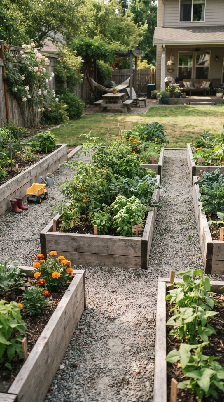 Grid of raised garden beds with gravel paths in a backyard
