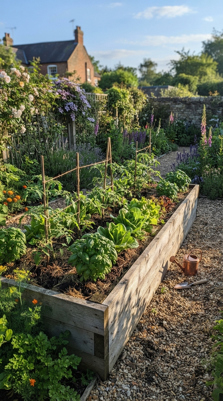 Cedar raised vegetable bed with tomatoes, basil, and lettuce in a backyard kitchen garden