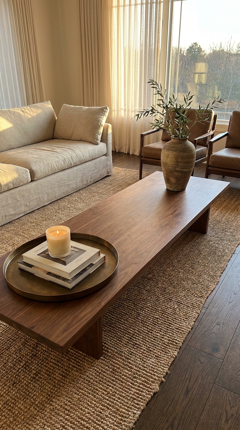 Rectangular coffee table styled with balanced decor groupings and open space.