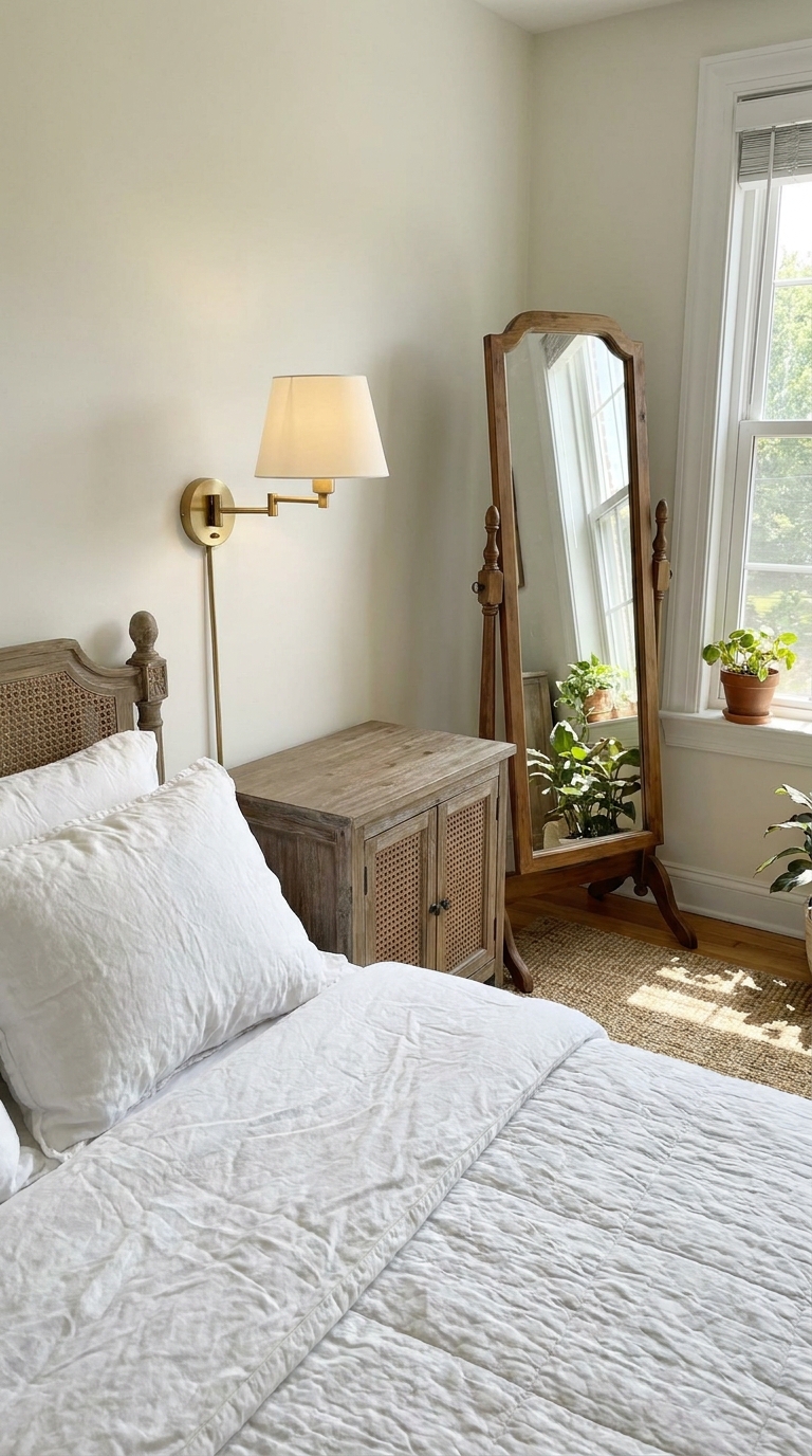 Rental-friendly French country bedroom with cane nightstand and plug-in sconce