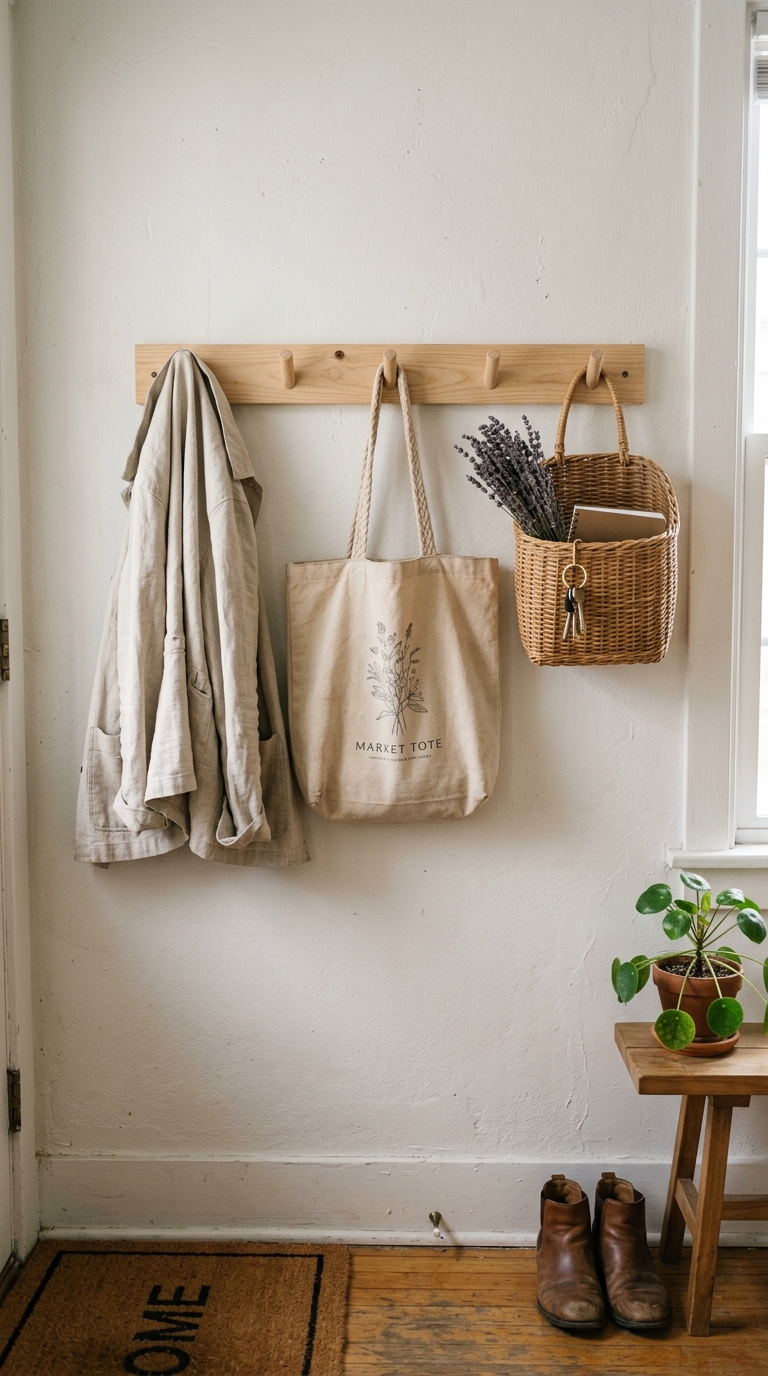 Damage-free wooden hook rail with basket on a rental entryway wall