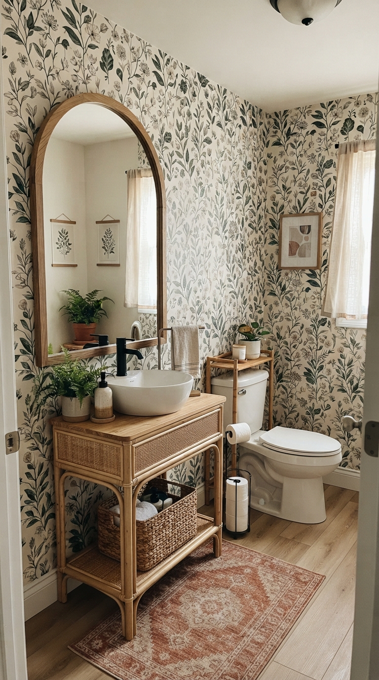 Renter-friendly half bathroom decor with removable wallpaper