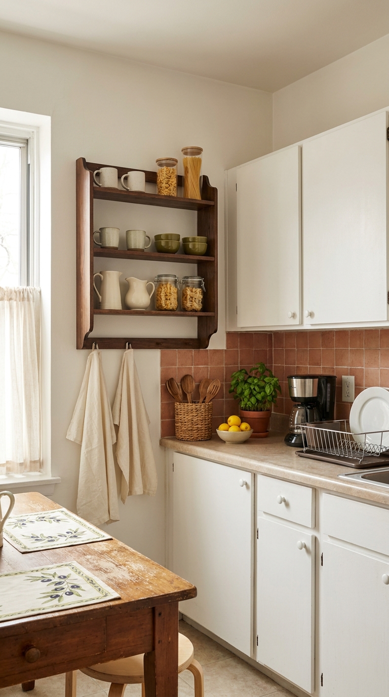 Renter-friendly Italian-inspired kitchen with removable terracotta tile, open shelving, warm decor, and olive accents.