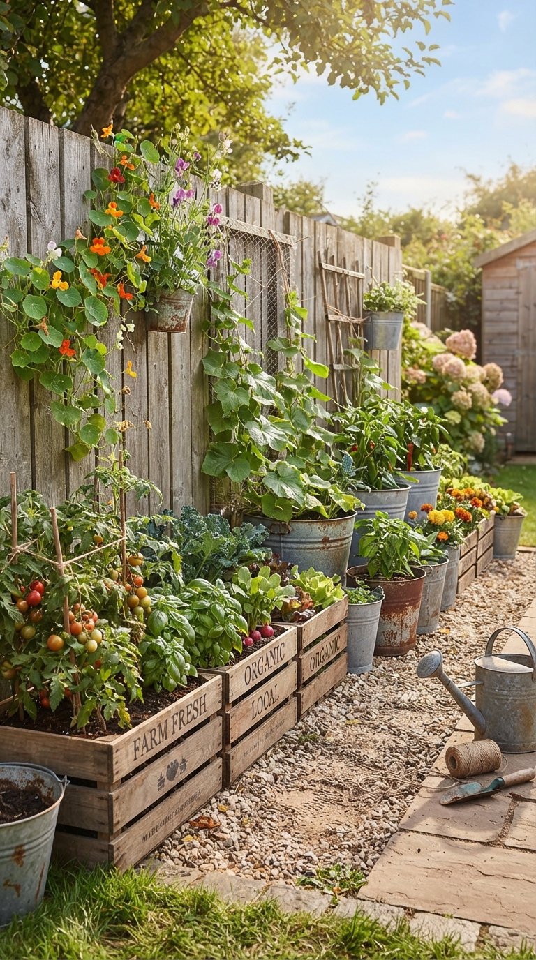 Repurposed containers including wooden crates and buckets used as vegetable planters