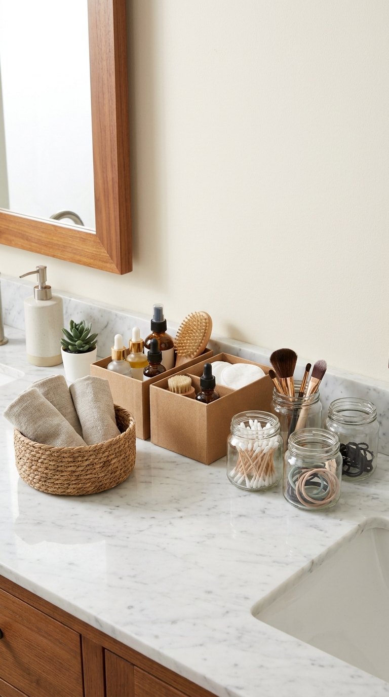 Repurposed household containers used to organize bathroom cabinet
