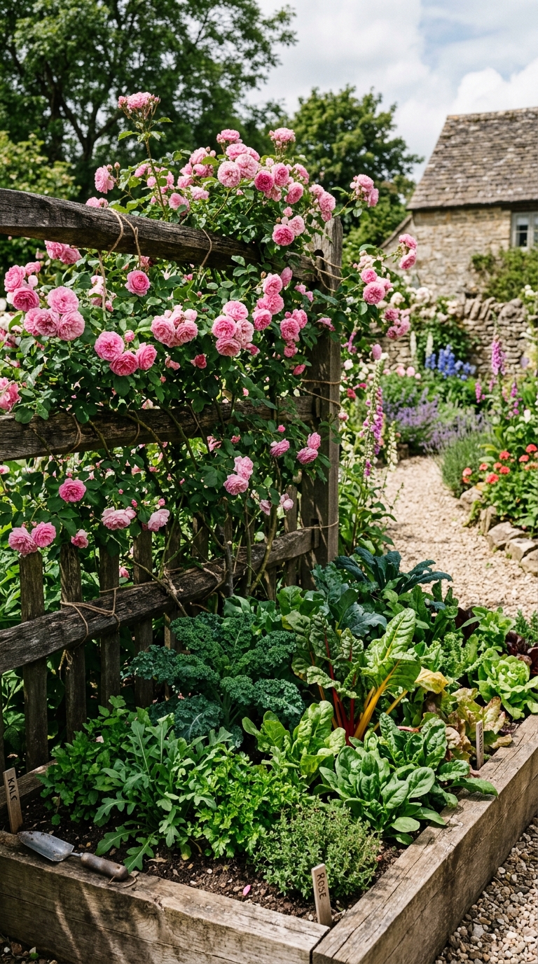 Climbing roses mixed into a vegetable potager garden bed