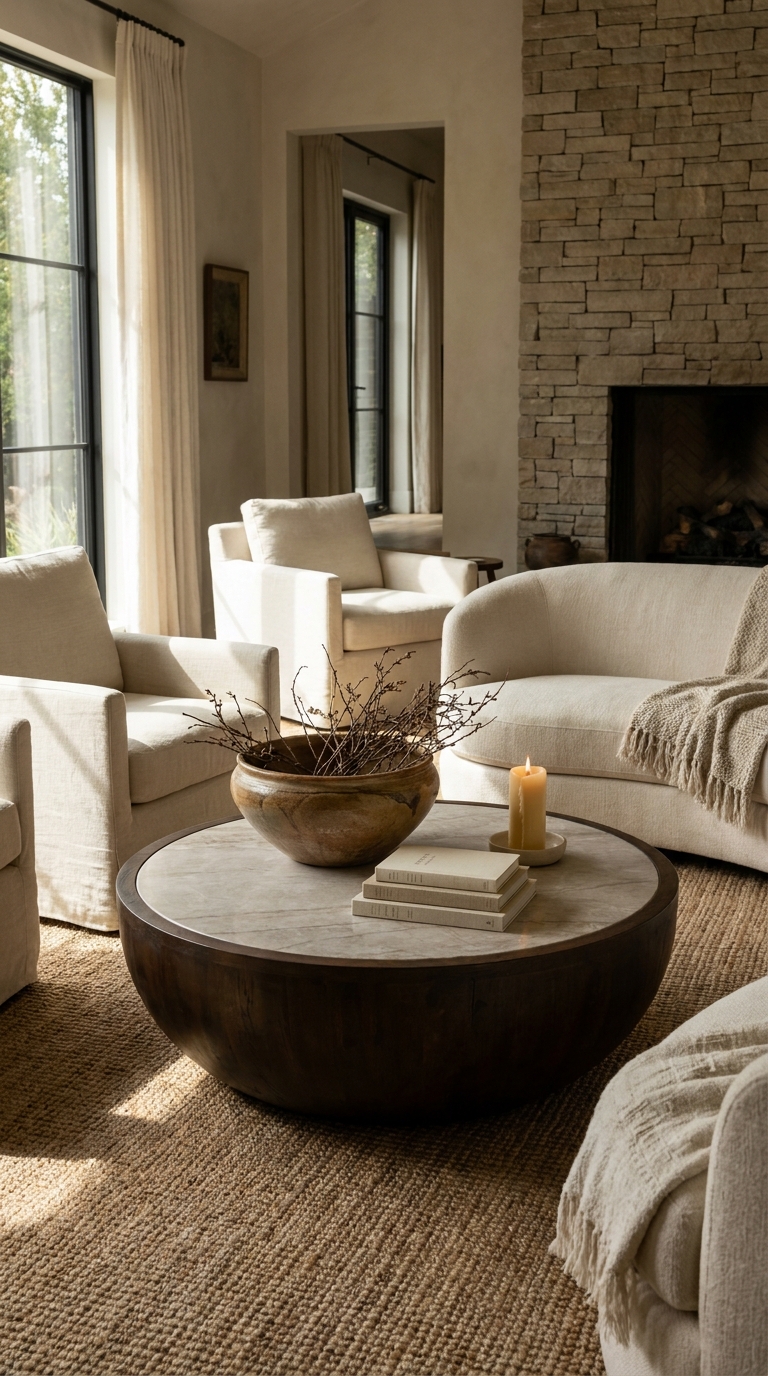 Round coffee table with a large ceramic bowl, books, and candle in a luxury living room