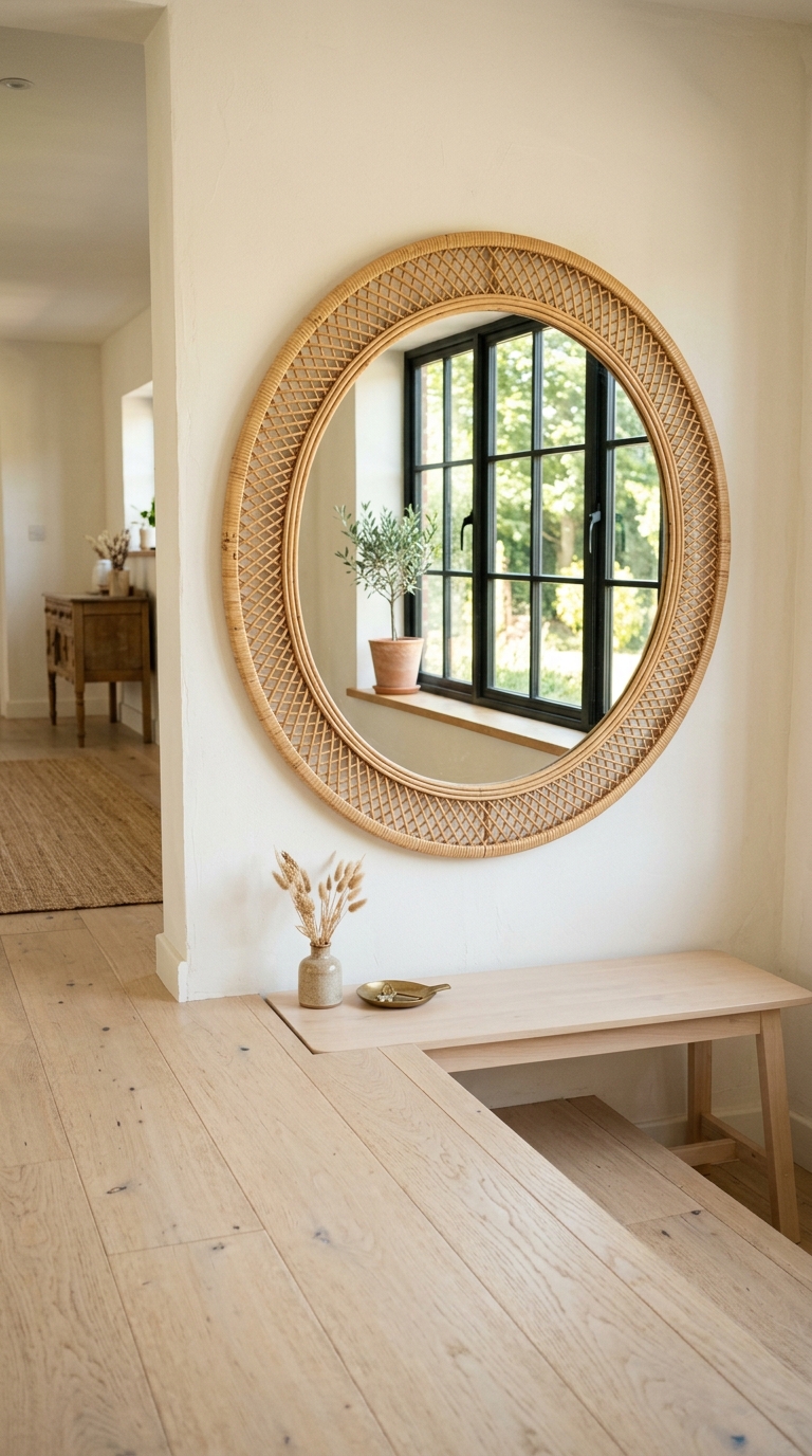 Round rattan mirror reflecting window light in a dark entryway