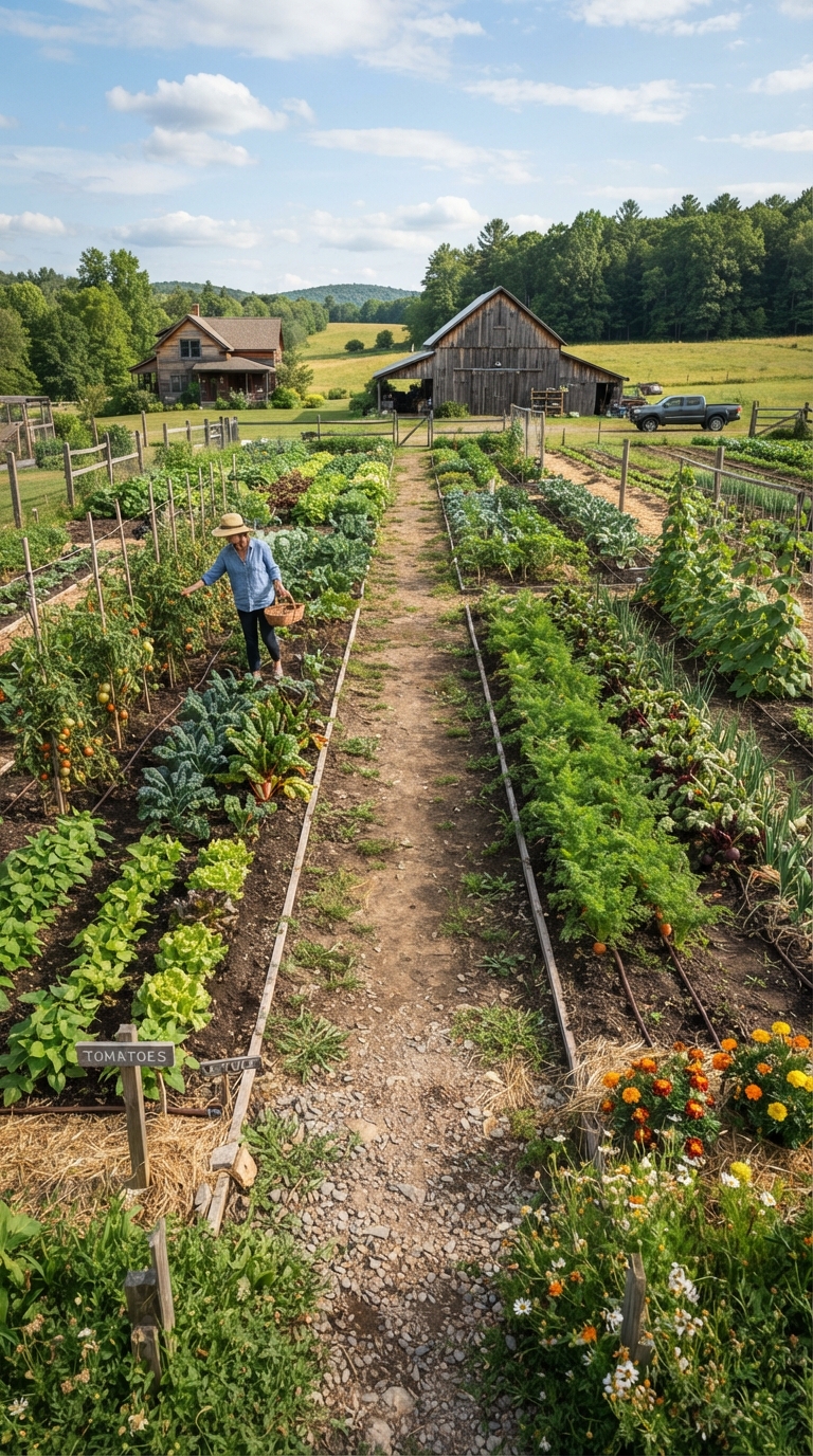 Large row-style kitchen garden with vegetable rows and a central walking path