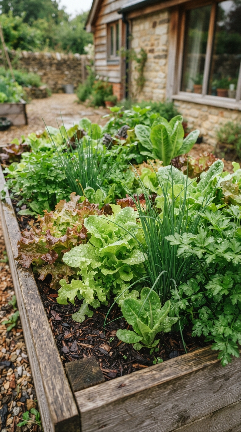 Small salad garden bed with mixed lettuce, chives, and parsley near a kitchen