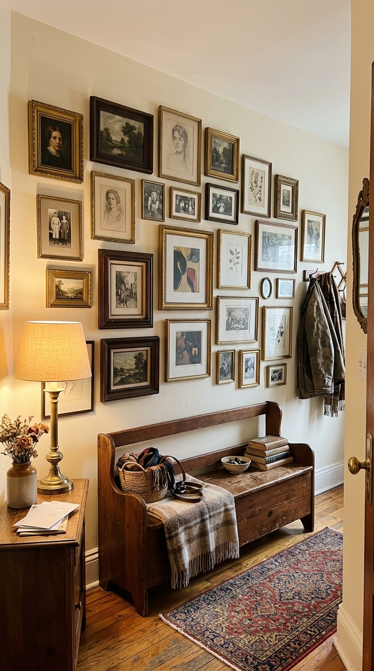 Salon-style mixed-frame gallery wall above an entryway bench