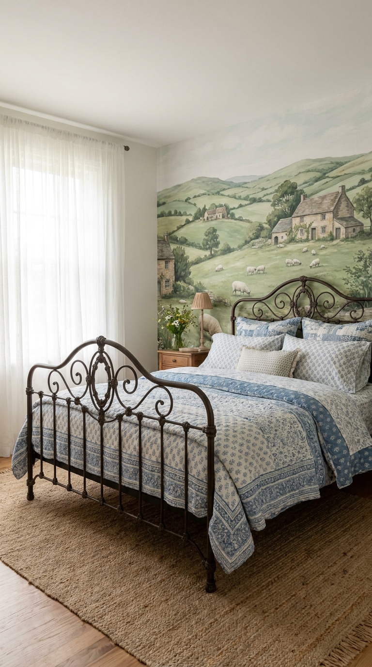 French country bedroom with scenic pastoral wallpaper accent wall