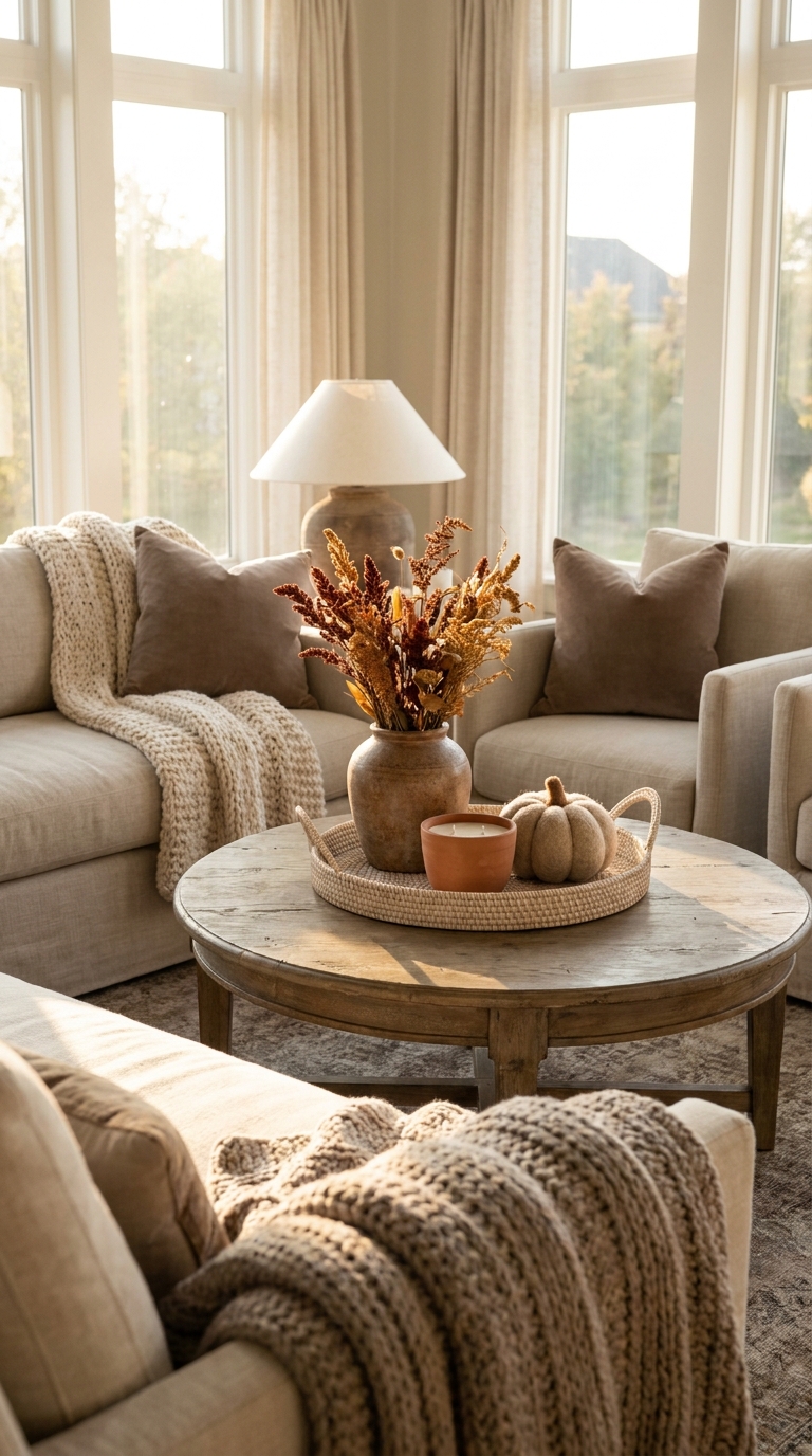 Coffee table with neutral base decor and subtle warm seasonal accents.