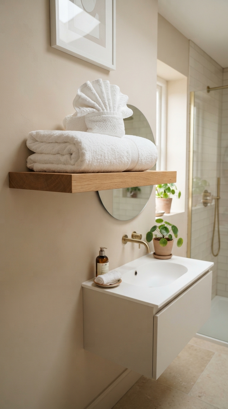 Seasonal towel colors styled in a fresh spa-inspired bathroom