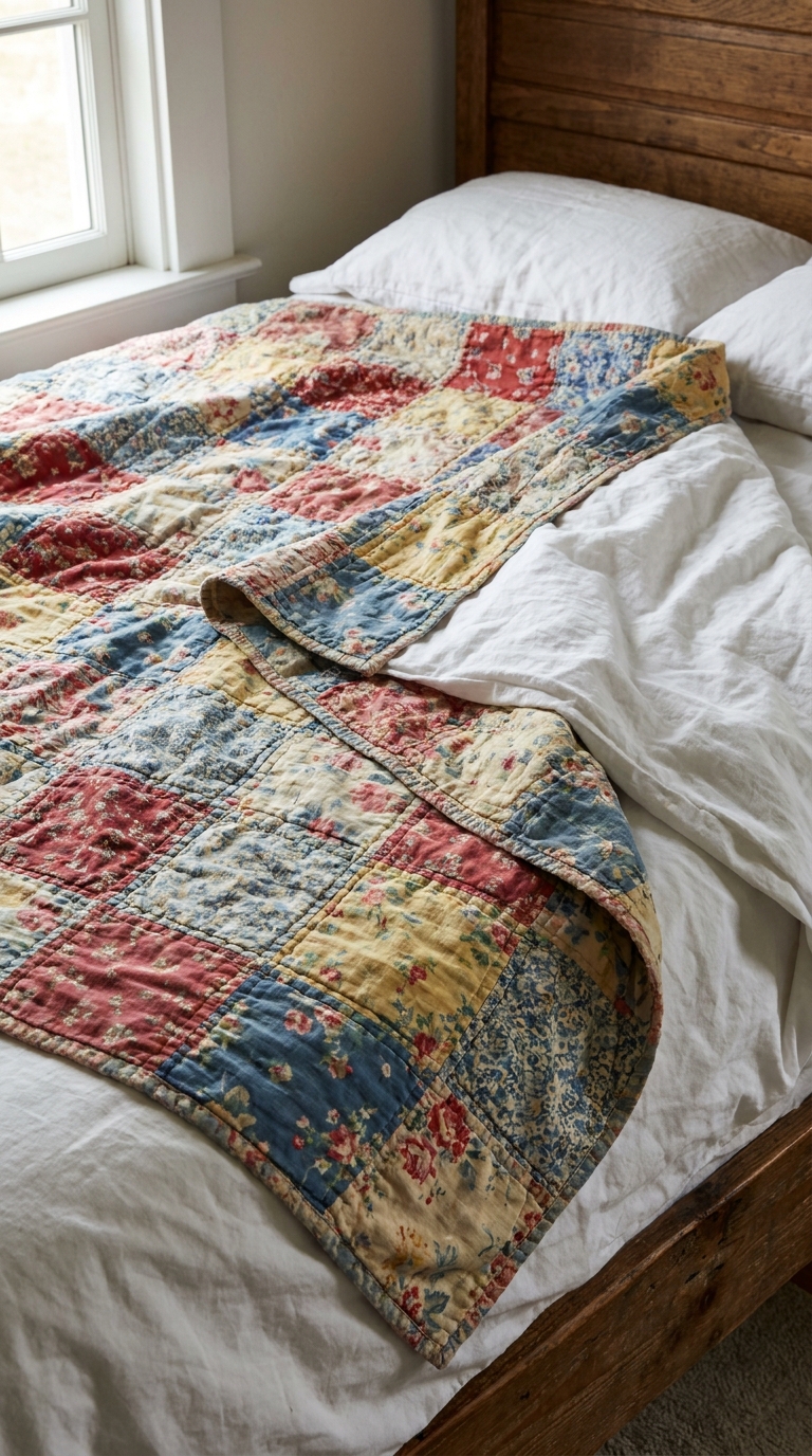 Vintage patchwork quilt with faded patches layered over white bedsheets