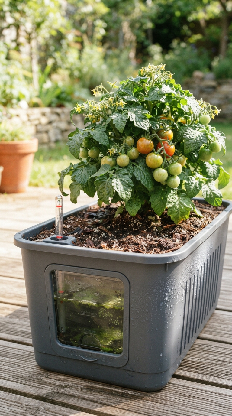 Self-watering container with visible reservoir growing a compact tomato plant