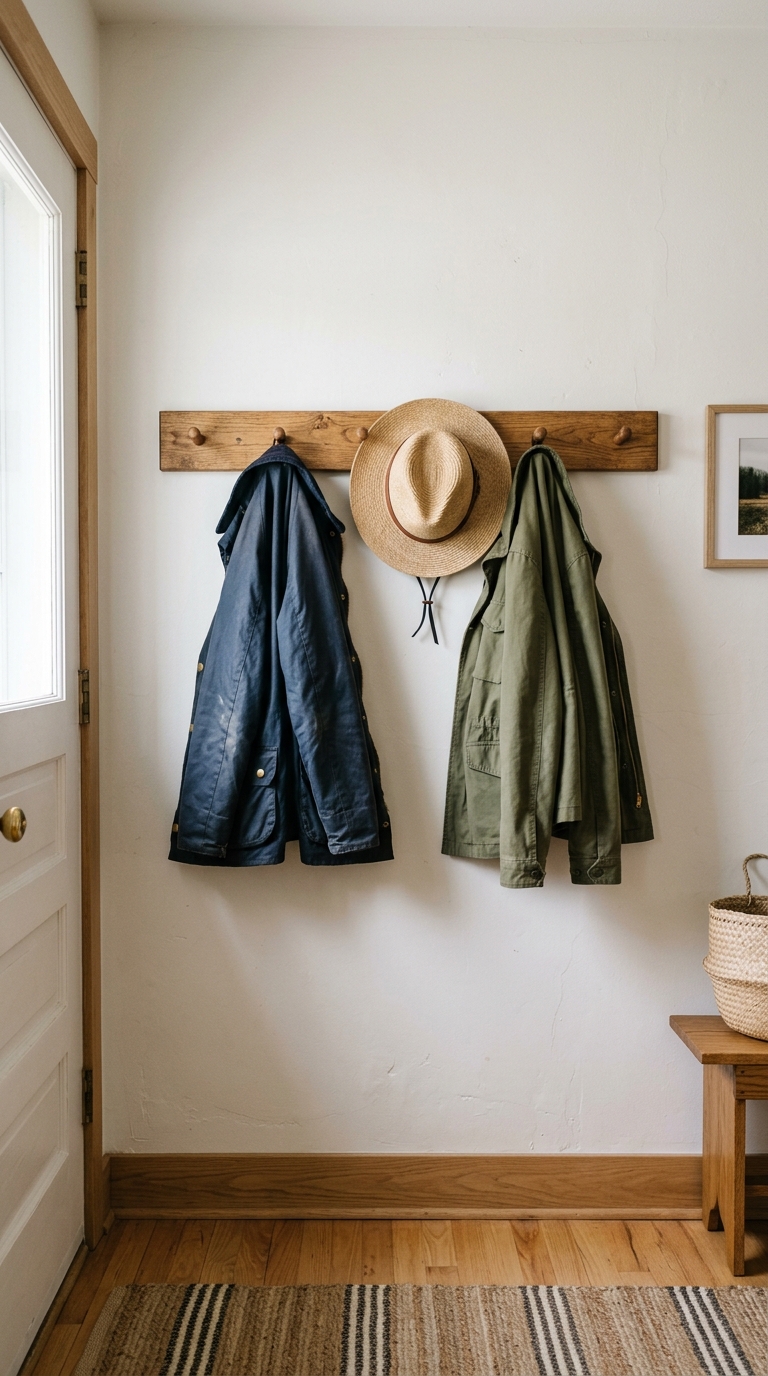 Wooden Shaker peg rail with jackets and hat on an entryway wall